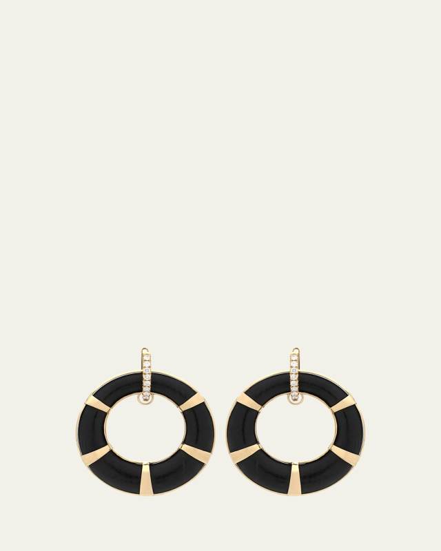 18K Yellow Gold Ebony Hoop Earrings with White Diamonds